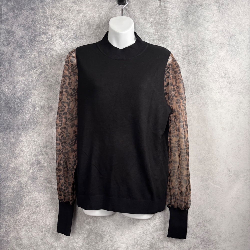 Sioni Milano Women's Black Mock Neck Leopard Print Sheer Puff Sleeve Sweater LRG